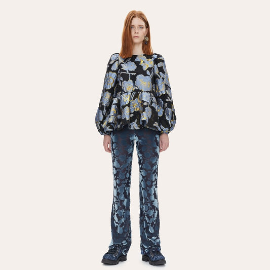 Jenny - Peplum Floral Top - Blue/Black