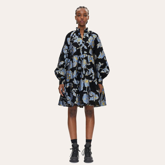 Jasmine - Floral Organza Dress - Blue/Black