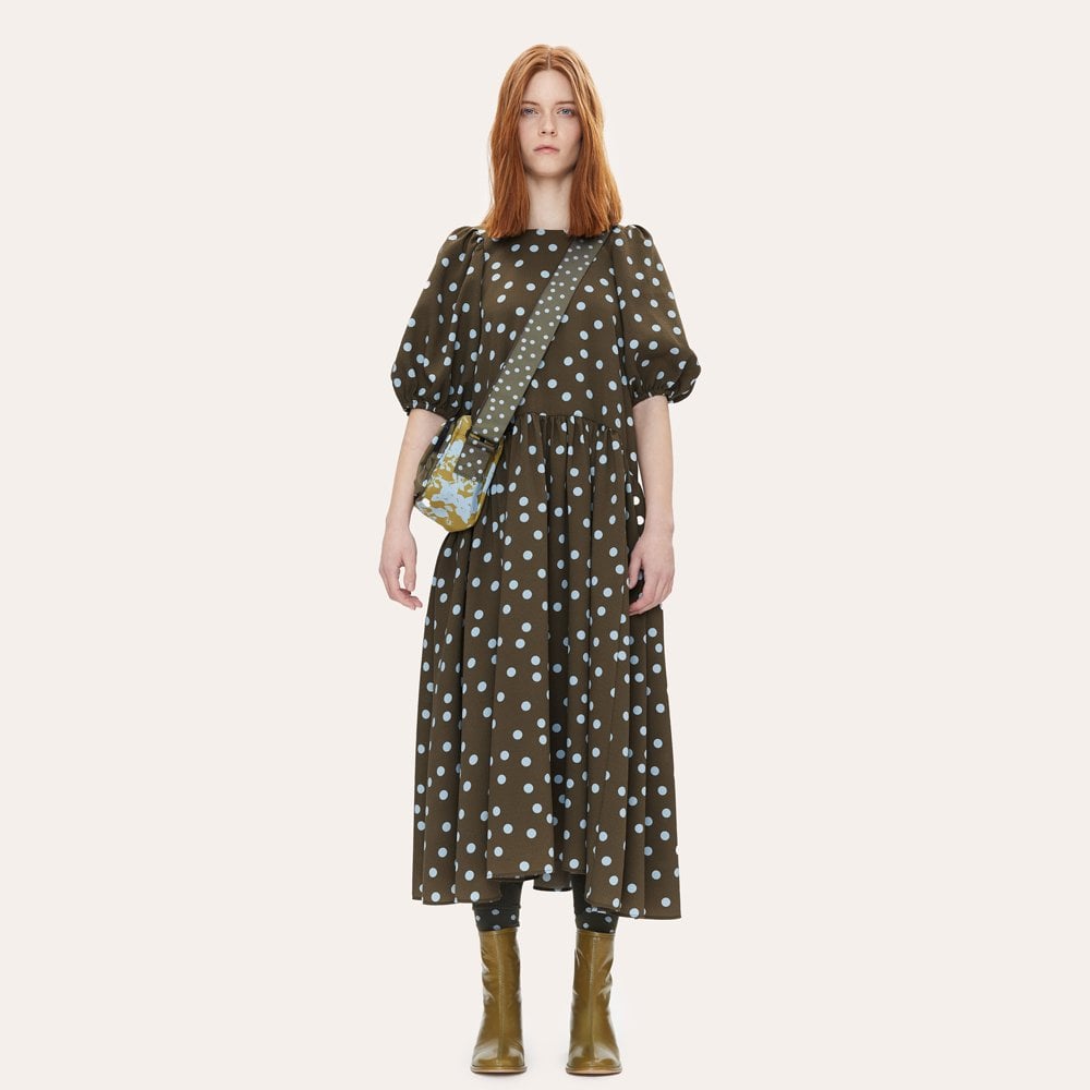 - Amelia - Polka Dot Midi Dress - Khaki