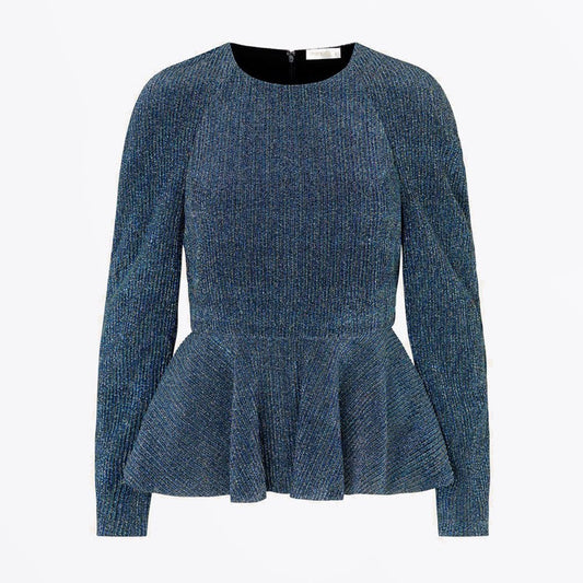 - Tyra - Metallic Peplum Top - Blue