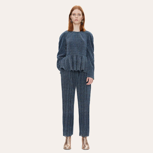 - Tyra - Metallic Peplum Top - Blue