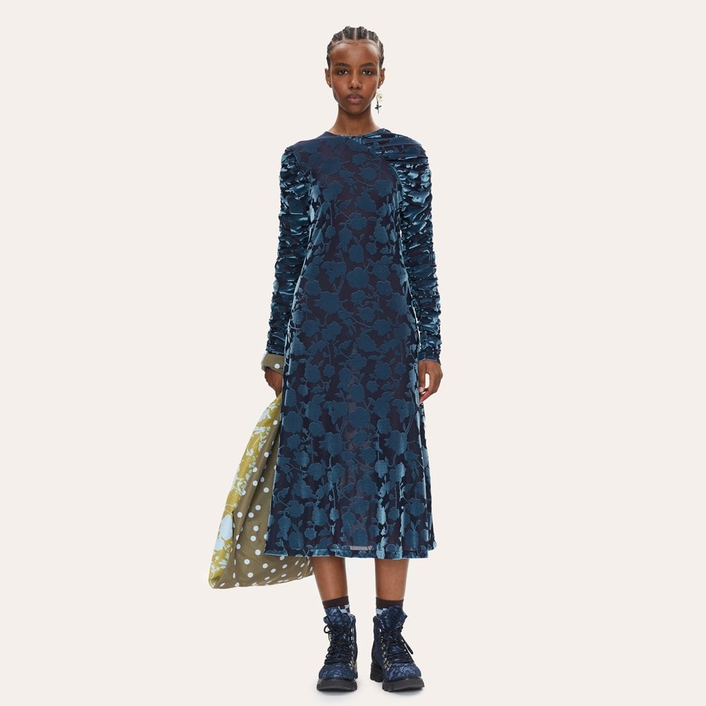 - Ellie - Velvet Devore Dress - Blue/Navy