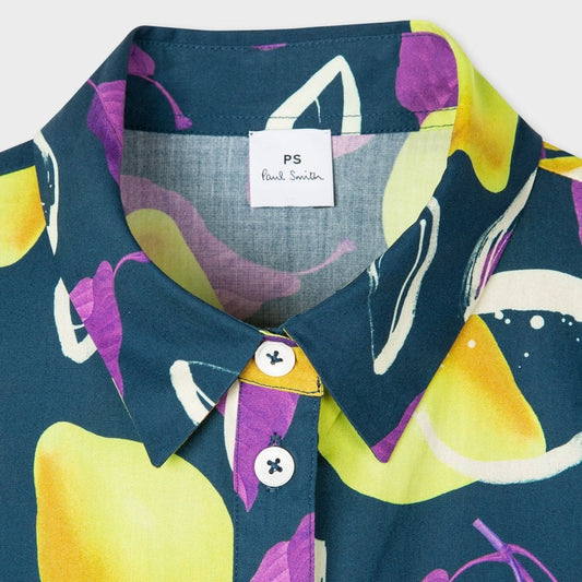 - 'Lemon' Print Long-Sleeve Shirt Dress - Navy