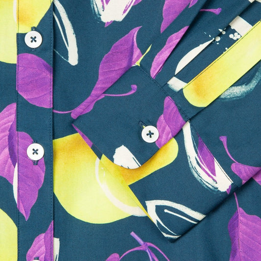 - 'Lemon' Print Long-Sleeve Shirt Dress - Navy