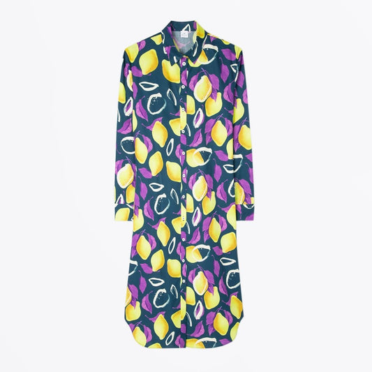 - 'Lemon' Print Long-Sleeve Shirt Dress - Navy