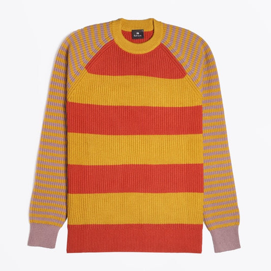 - Crew-Neck Stripe Pullover - Mustard/Multi