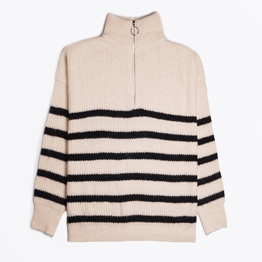- Alyson - Stripe Zip Sweater - Off-White