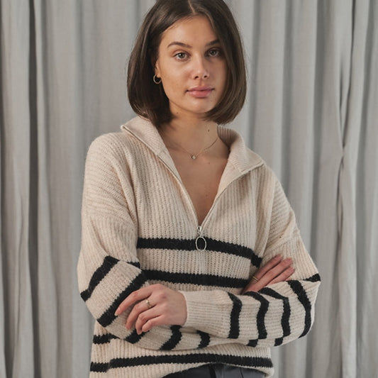 - Alyson - Stripe Zip Sweater - Off-White