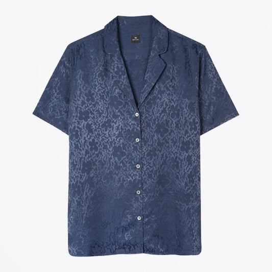 - 'Flower Power' Jacquard Satin Shirt - Navy