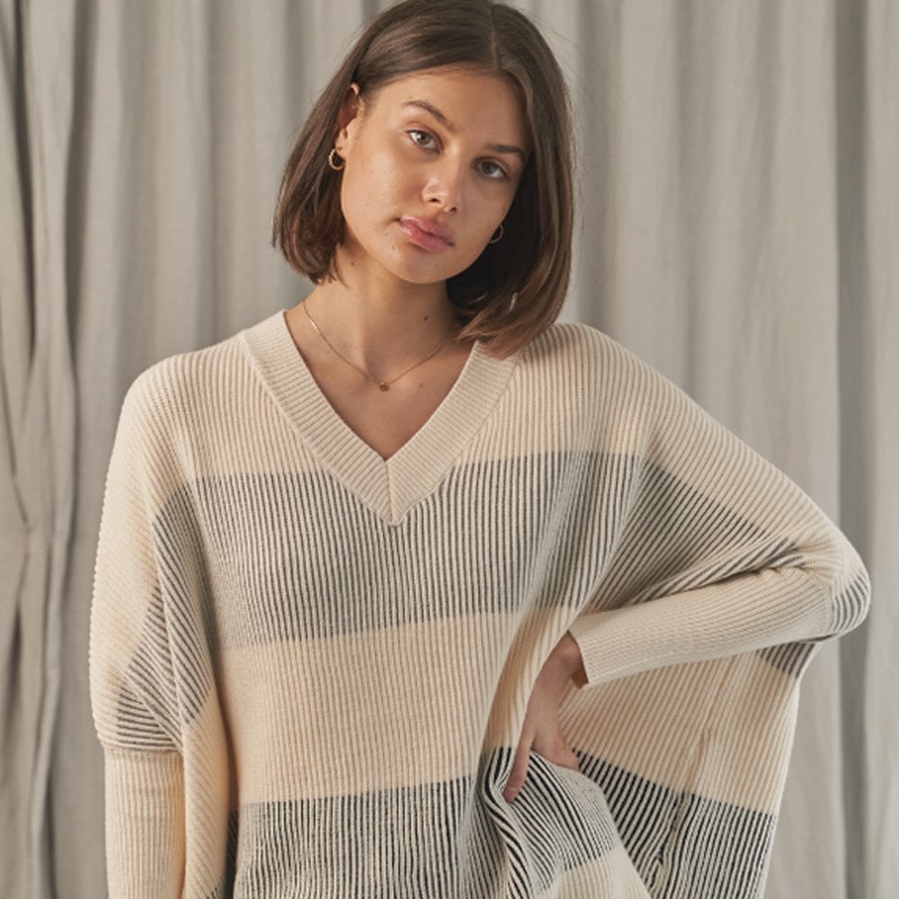 - Dania - V-Neck Stripe Poncho - Cream