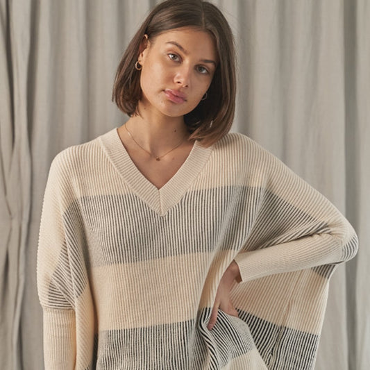 - Dania - V-Neck Stripe Poncho - Cream
