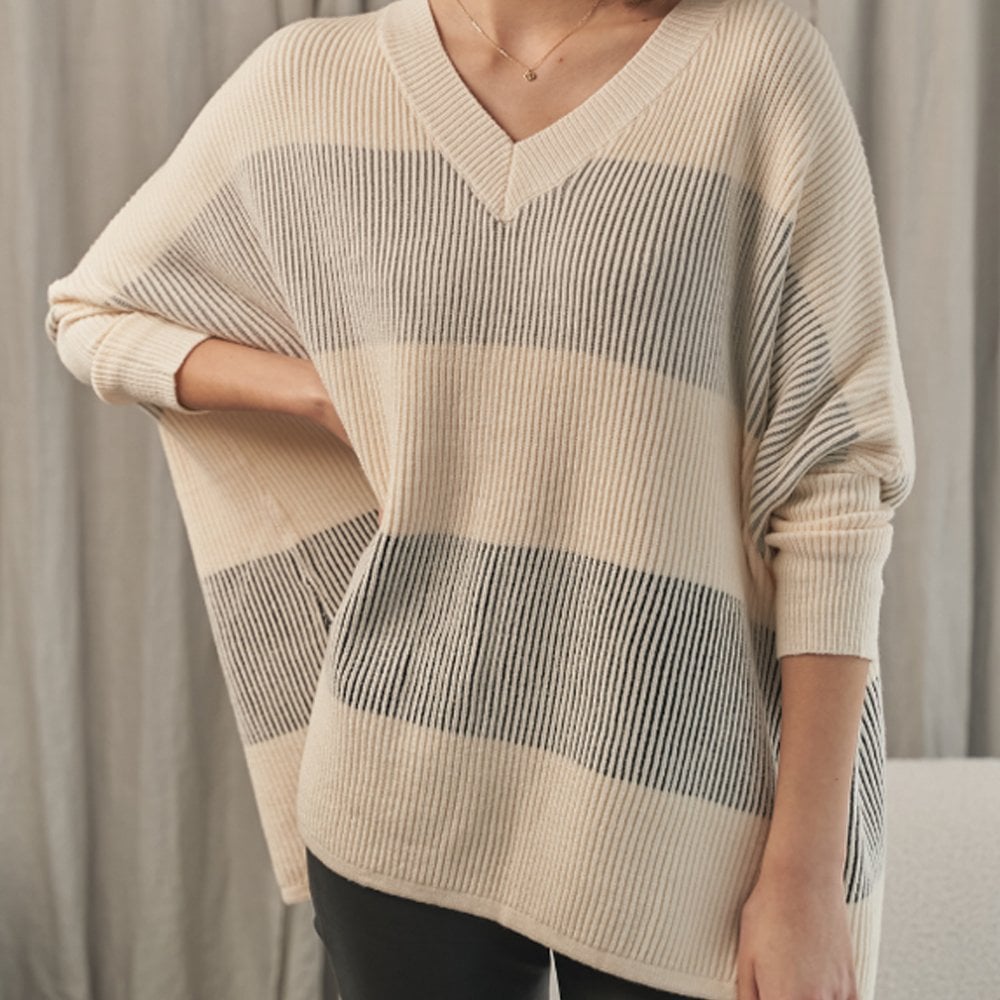 - Dania - V-Neck Stripe Poncho - Cream