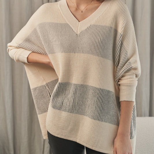 - Dania - V-Neck Stripe Poncho - Cream