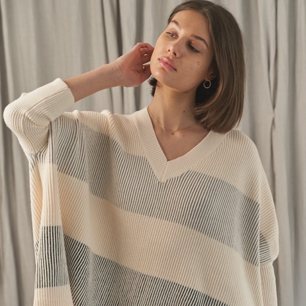 - Dania - V-Neck Stripe Poncho - Cream