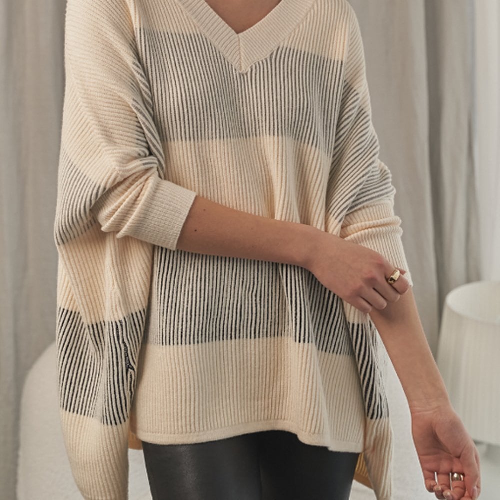 - Dania - V-Neck Stripe Poncho - Cream