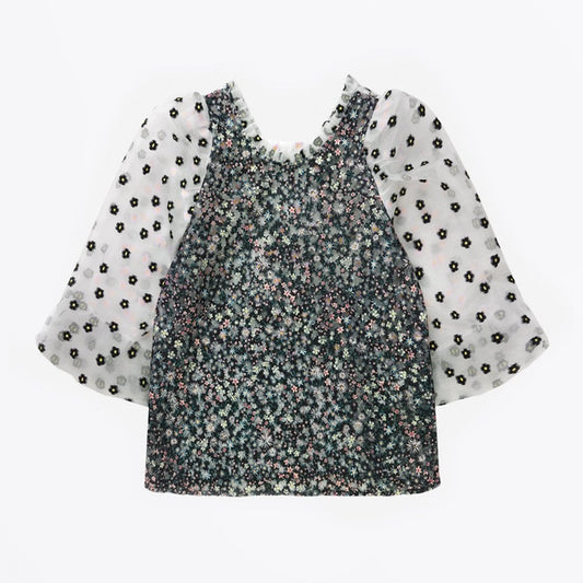 - Cadi - Floral Puff-Sleeve Top - Black/Multi