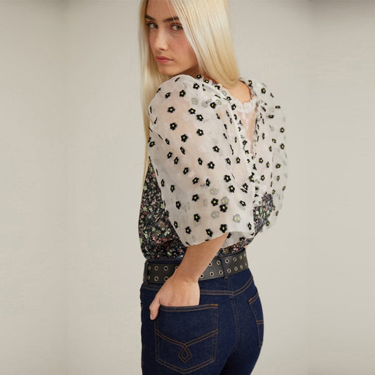 - Cadi - Floral Puff-Sleeve Top - Black/Multi