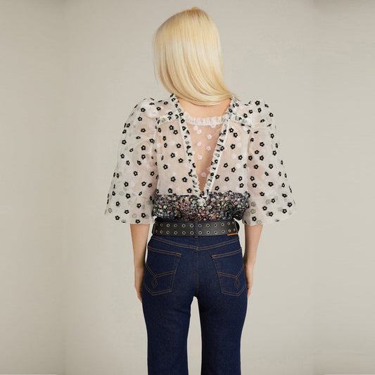 - Cadi - Floral Puff-Sleeve Top - Black/Multi