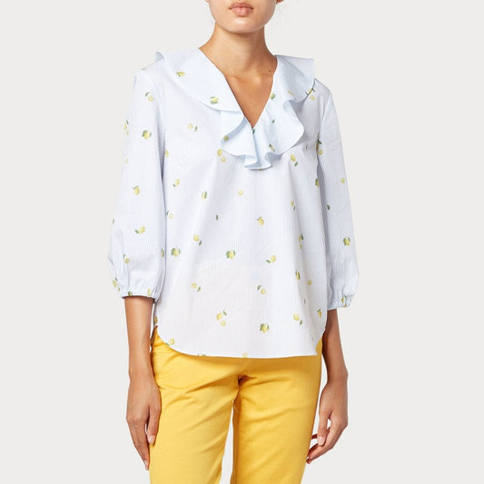 - Pinstripe Top With 'Mini Lemons' Print - White