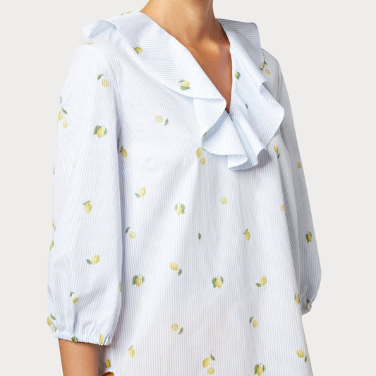 - Pinstripe Top With 'Mini Lemons' Print - White