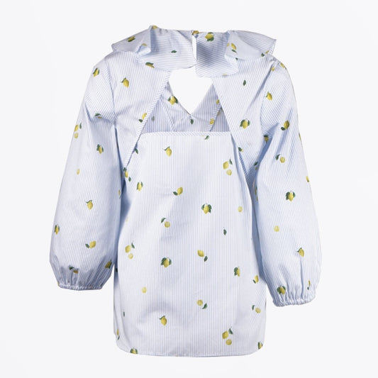 - Pinstripe Top With 'Mini Lemons' Print - White