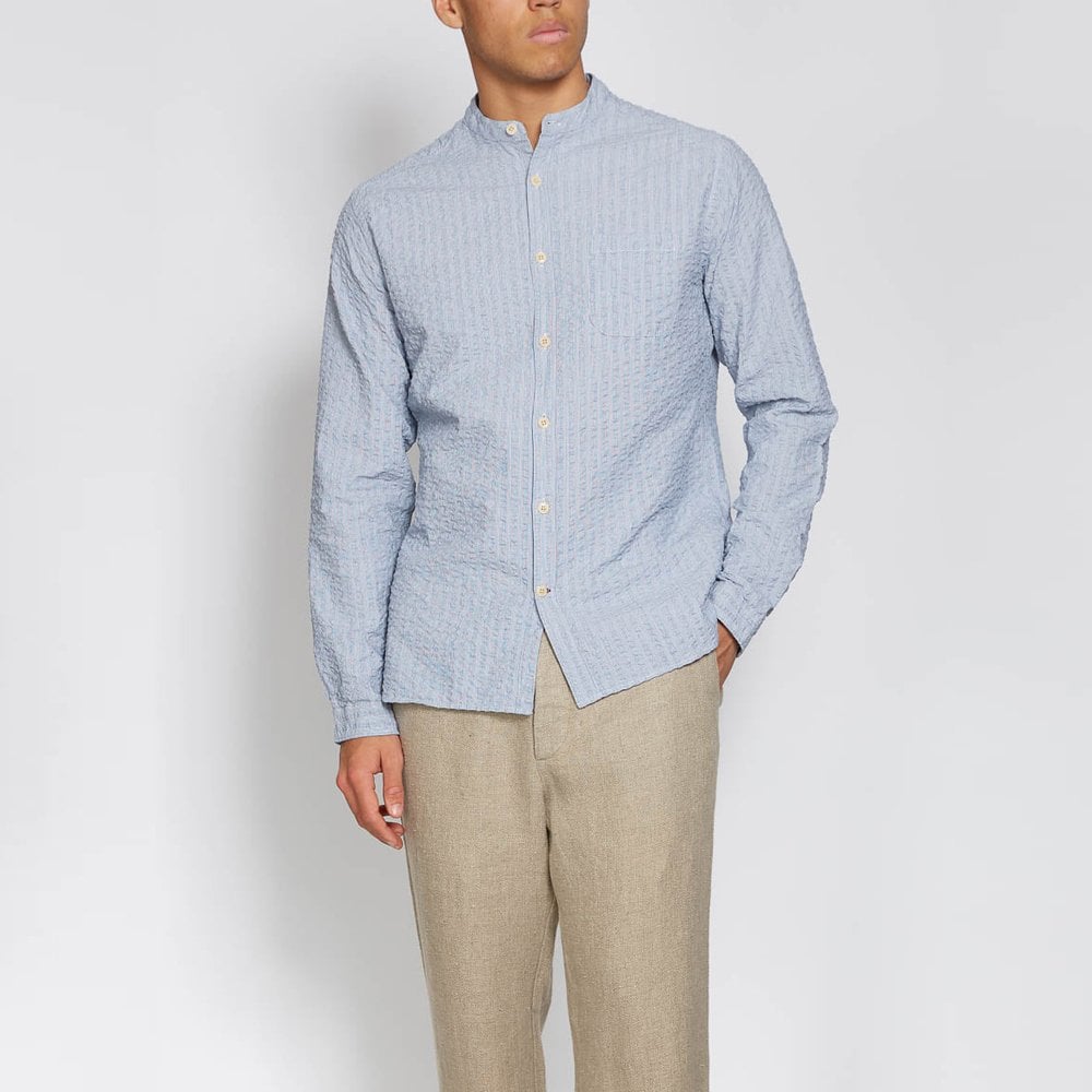 - Grandad - Cotton Seersucker Shirt - Blue