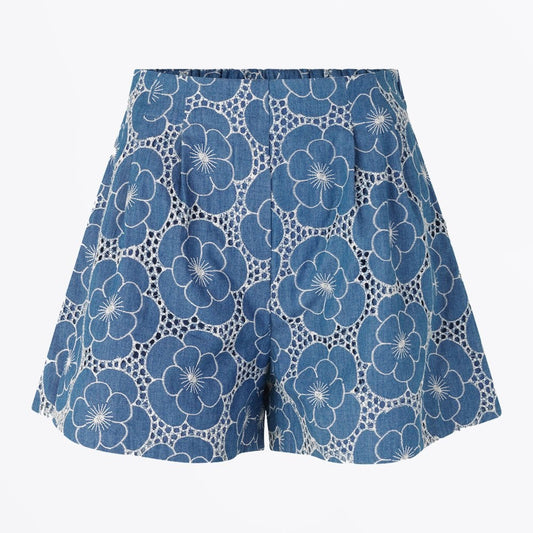 Floral Broderie Anglaise Shorts - Blue