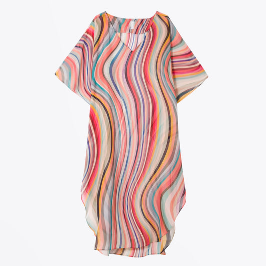 - Swirl Silk Sheer Kaftan Dress - Multi