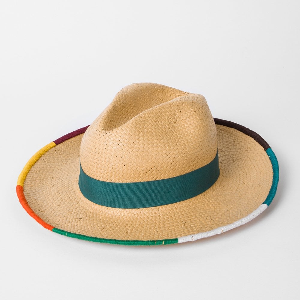 - Embroidered Stripe Trilby Hat - Beige/Multi