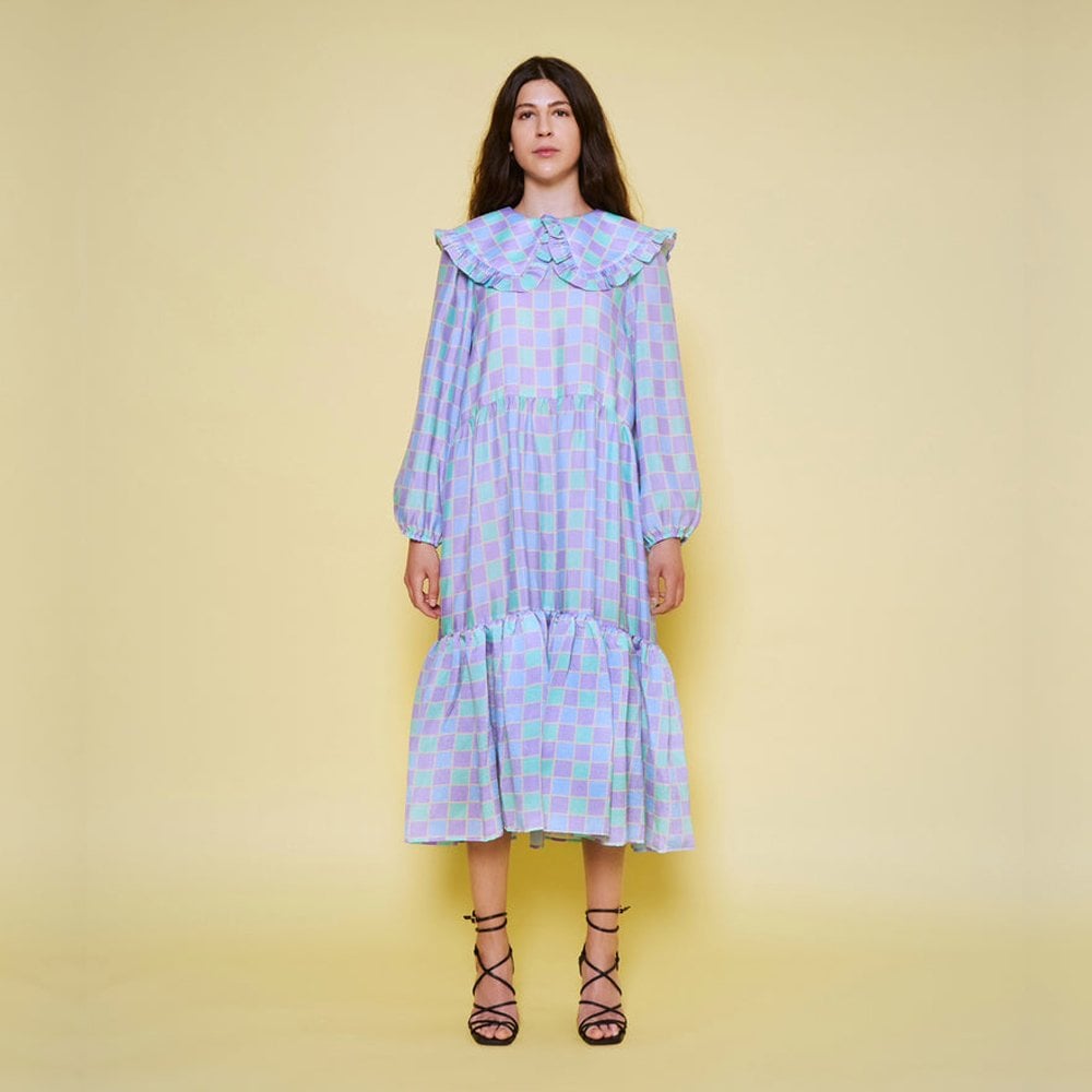 - Stefania Checked Midi Dress - Purple