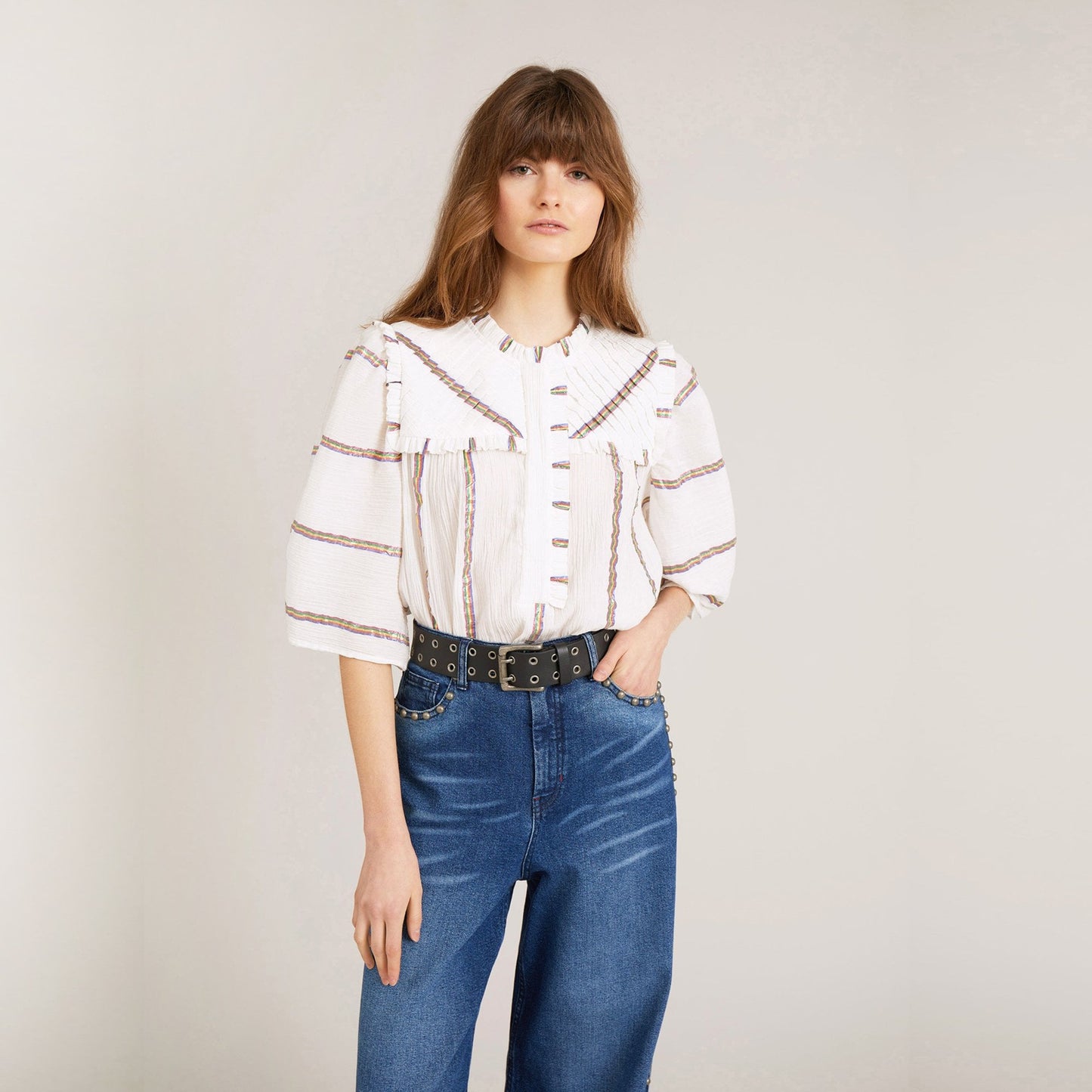 - Calm - Peasant Striped Top - White