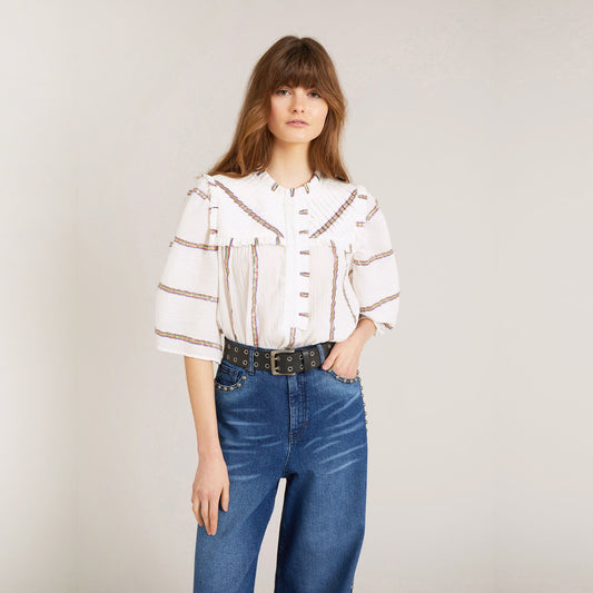 - Calm - Peasant Striped Top - White