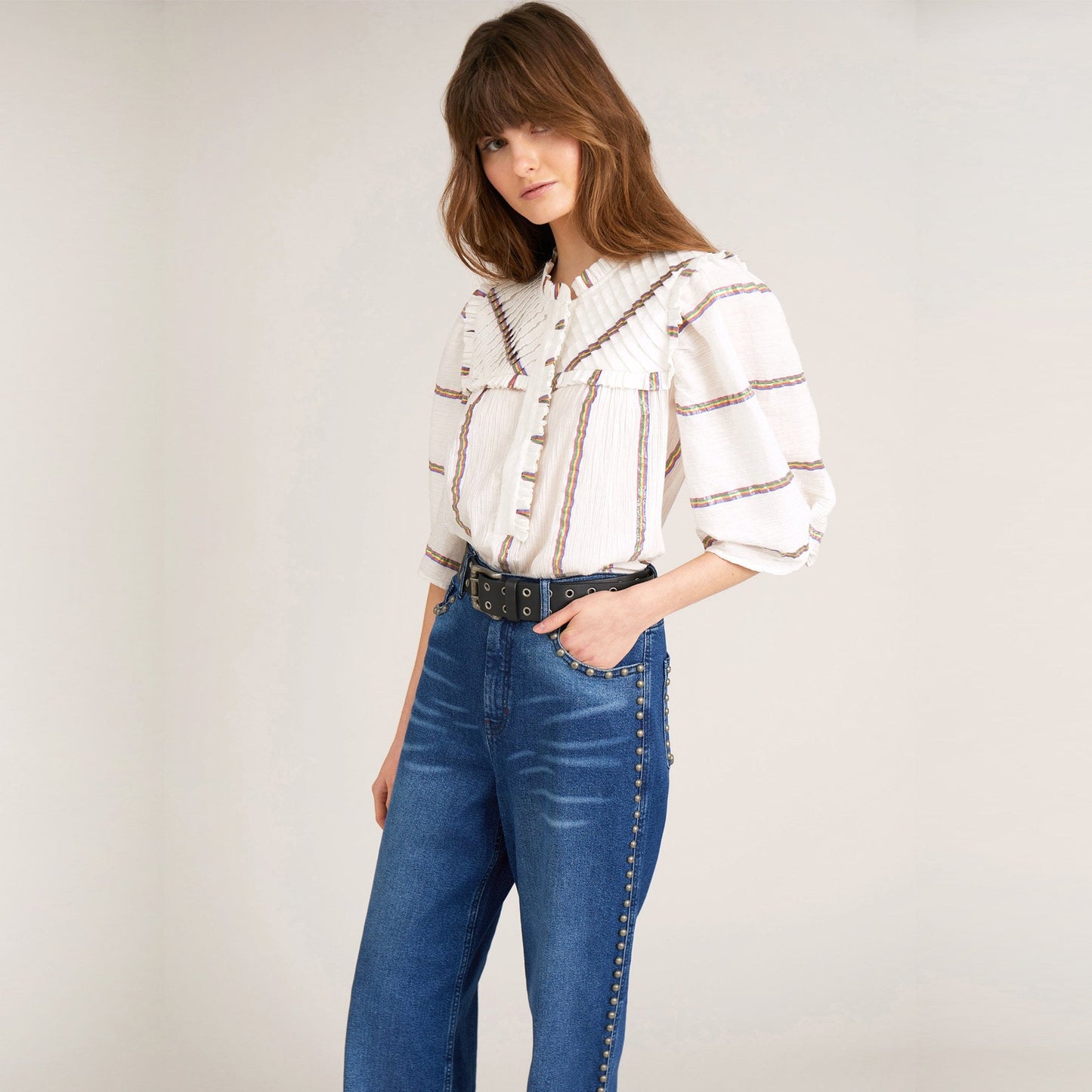 - Calm - Peasant Striped Top - White