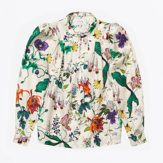 - Ciella - Silk Floral Print Top - Ivory/Multi
