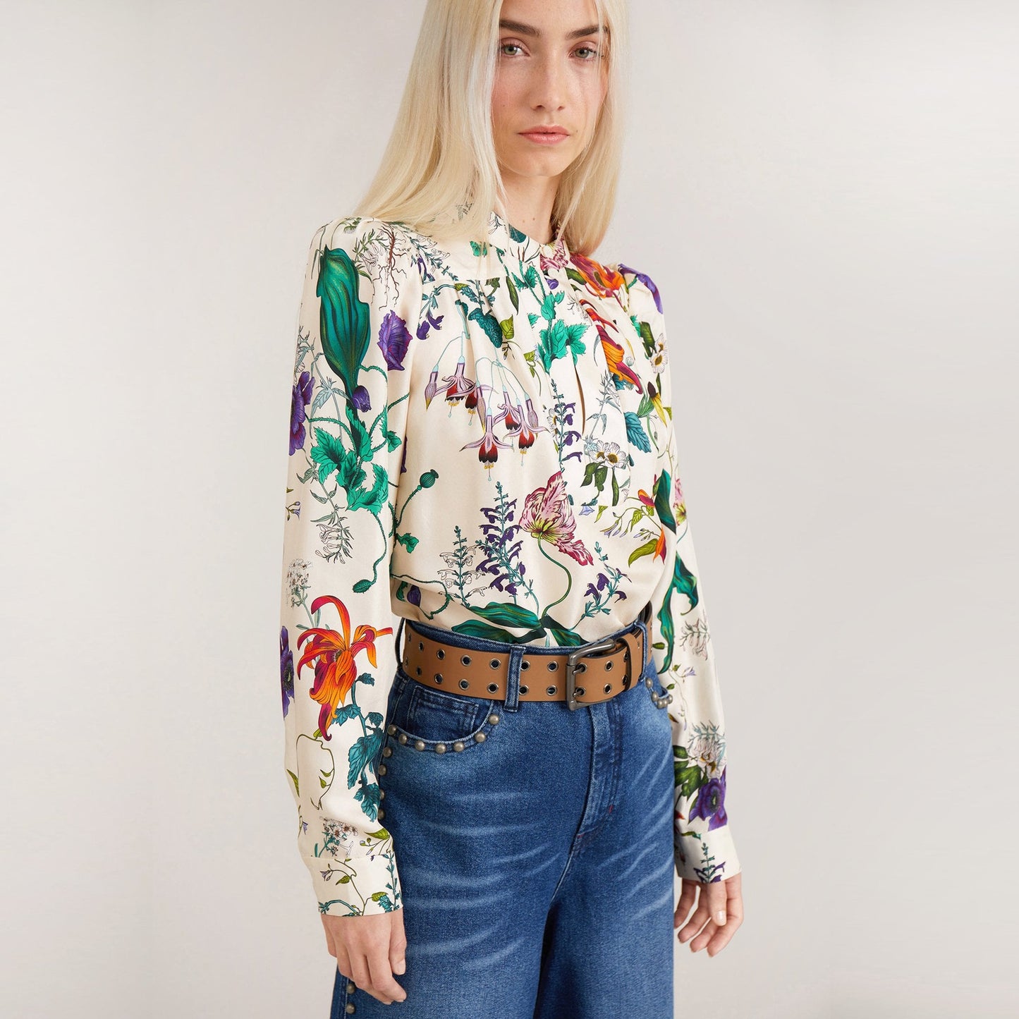- Ciella - Silk Floral Print Top - Ivory/Multi