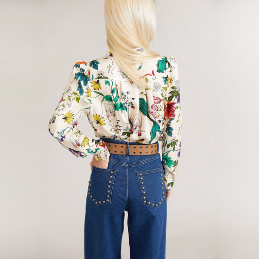 - Ciella - Silk Floral Print Top - Ivory/Multi