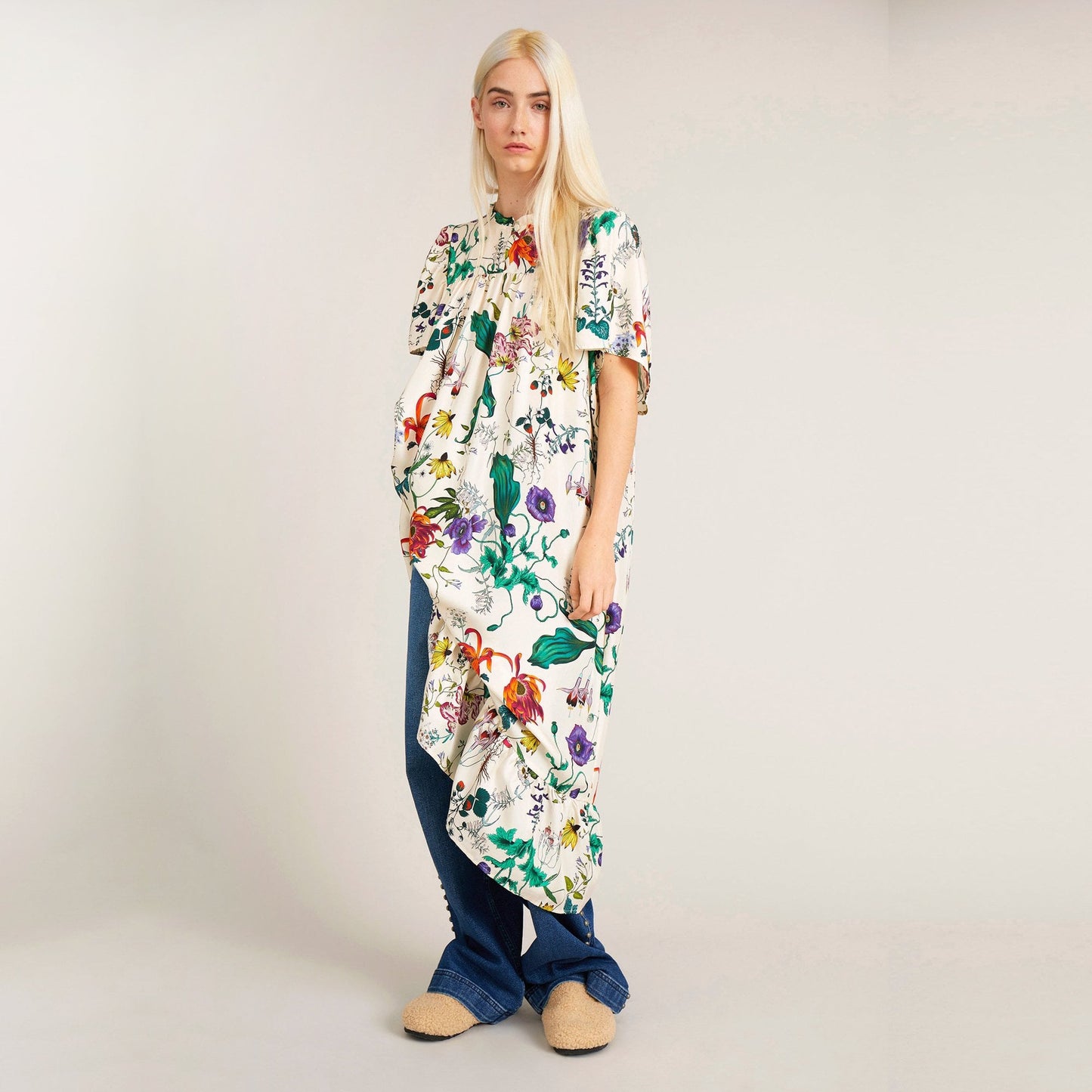 - Celiz - Silk Floral Print Dress - Ivory/Multi