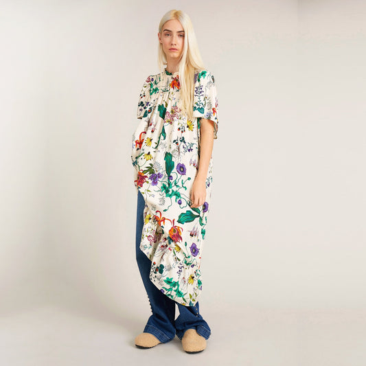 - Celiz - Silk Floral Print Dress - Ivory/Multi