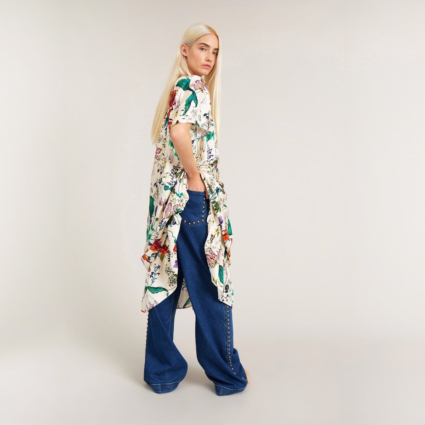 - Celiz - Silk Floral Print Dress - Ivory/Multi