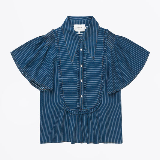 - Cici - Peplum Pinstripe Top - Indigo