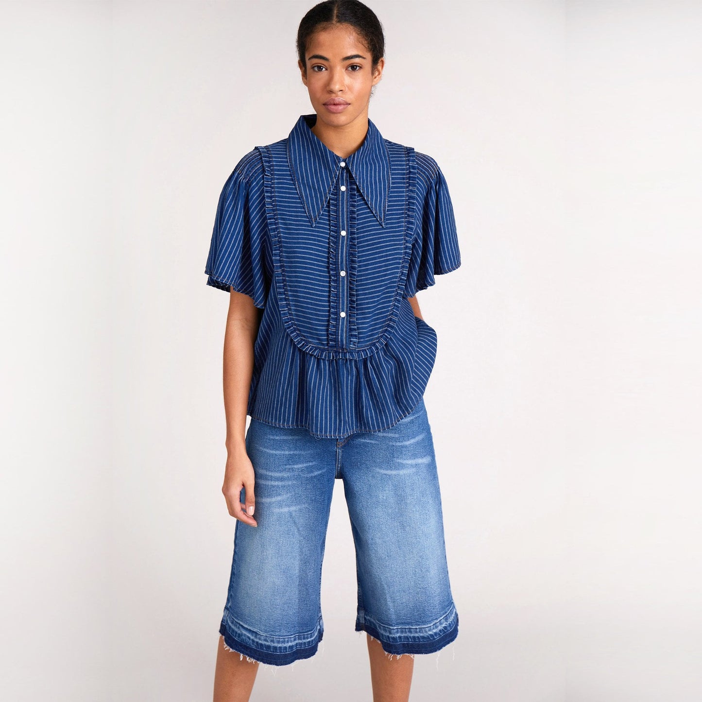 - Cici - Peplum Pinstripe Top - Indigo