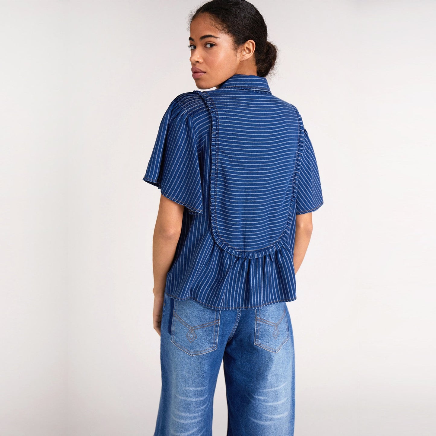 - Cici - Peplum Pinstripe Top - Indigo