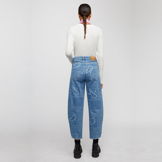 - Paisley Print Denim Jeans - Blue