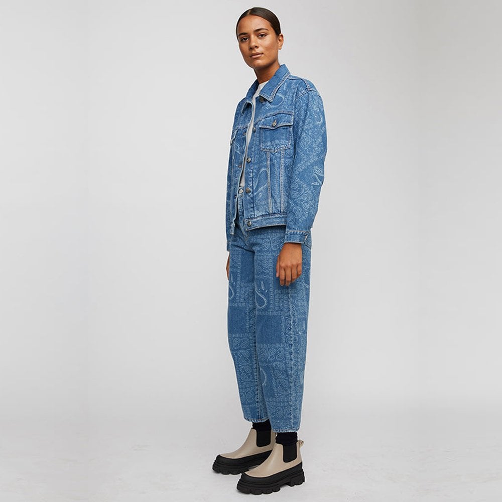 - Paisley Print Denim Jeans - Blue