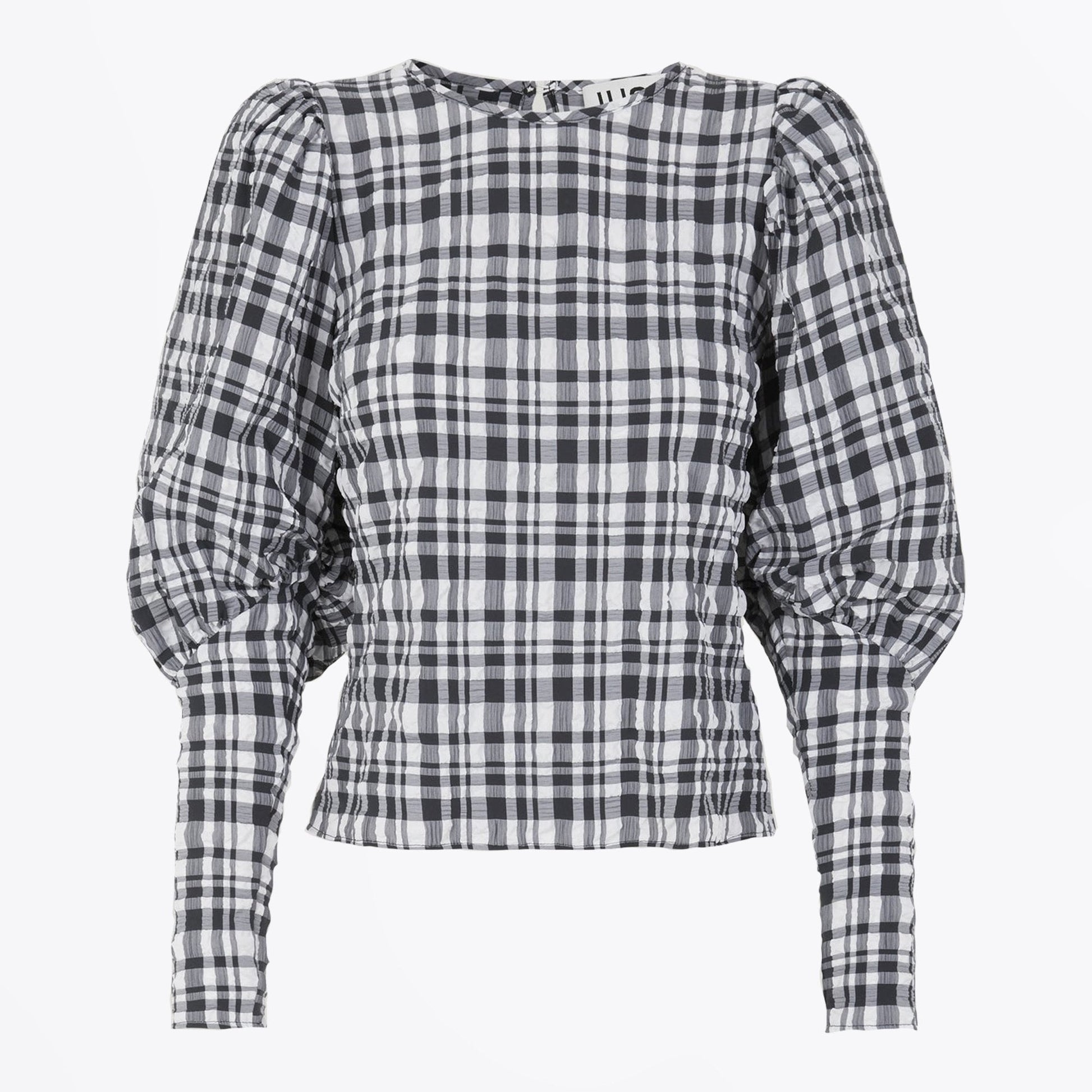 JUST Gingham Balloon Sleeve Top - Navy/White