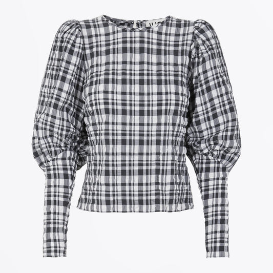 Gingham Balloon Sleeve Top - Navy/White