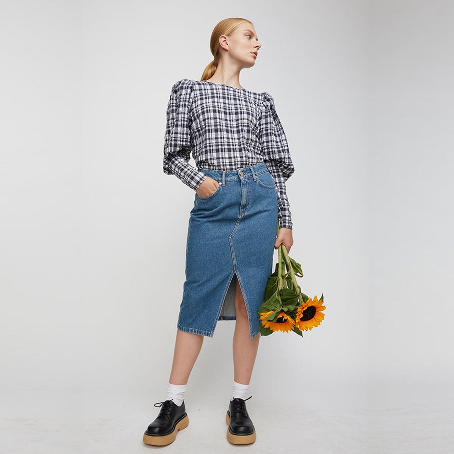 Gingham Balloon Sleeve Top - Navy/White