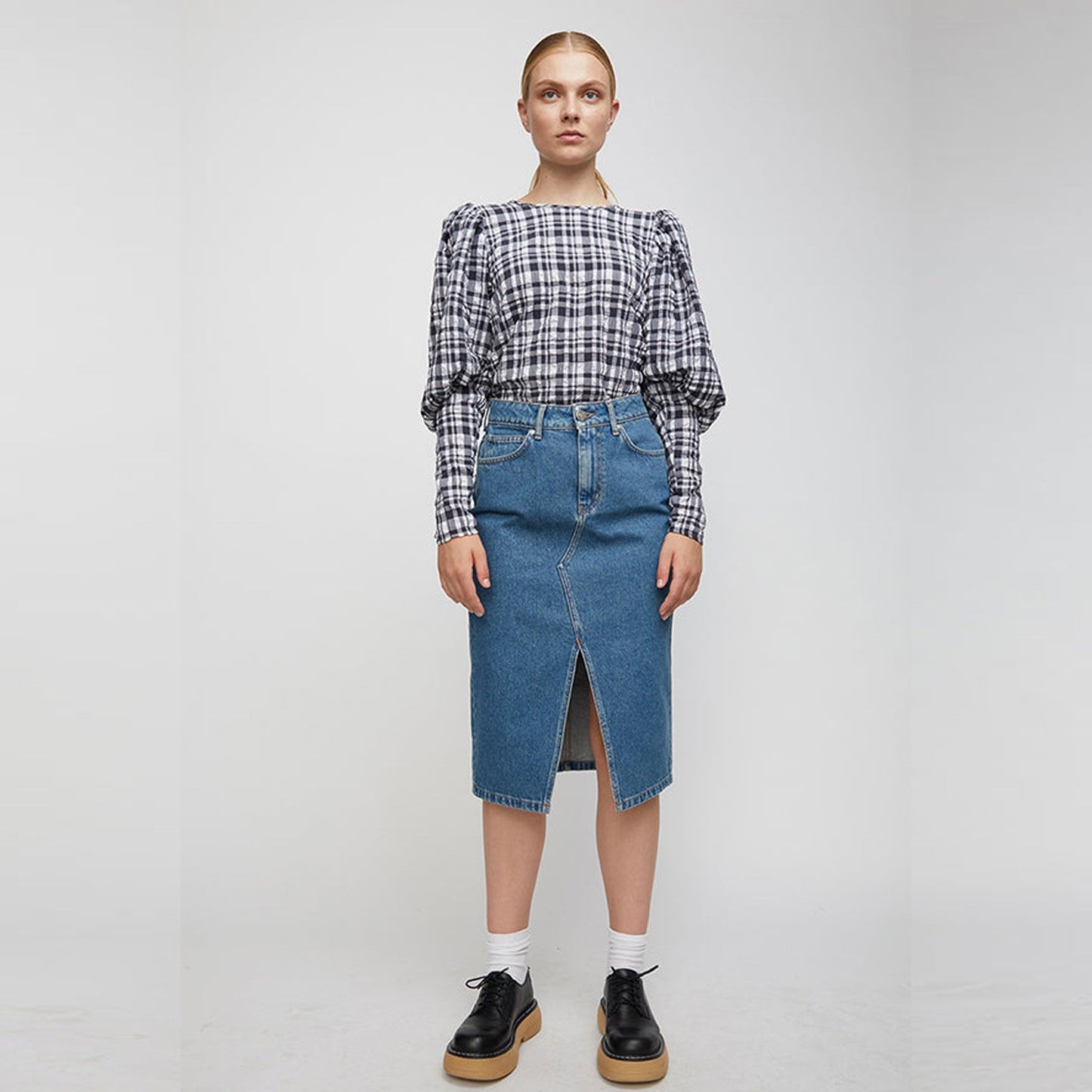 Gingham Balloon Sleeve Top - Navy/White