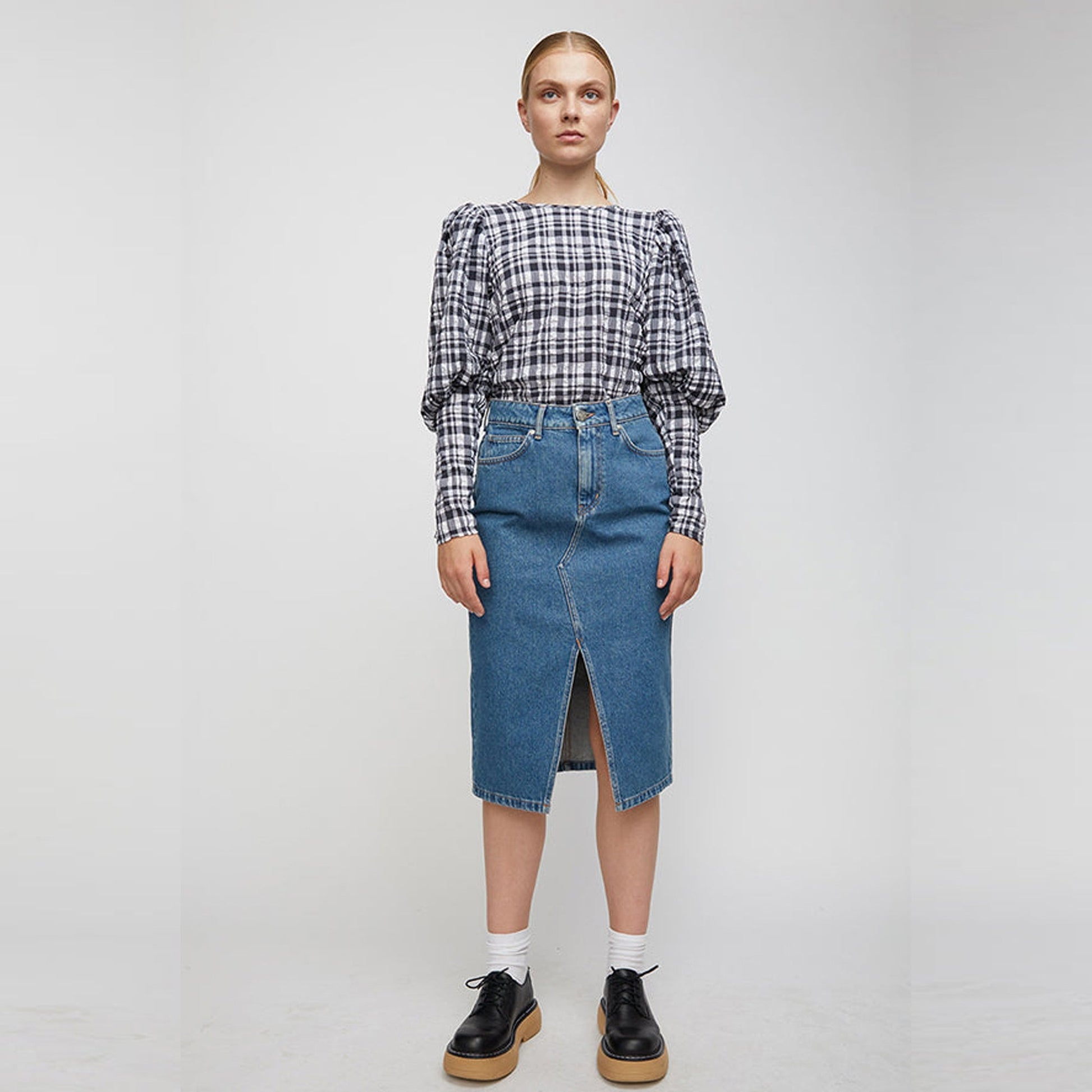 JUST Gingham Balloon Sleeve Top - Navy/White