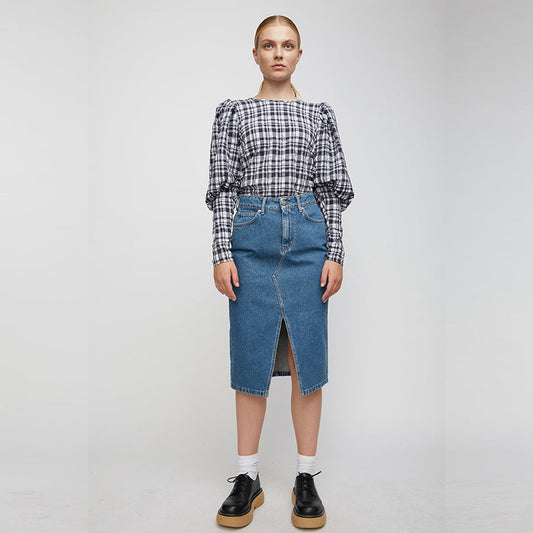 Gingham Balloon Sleeve Top - Navy/White